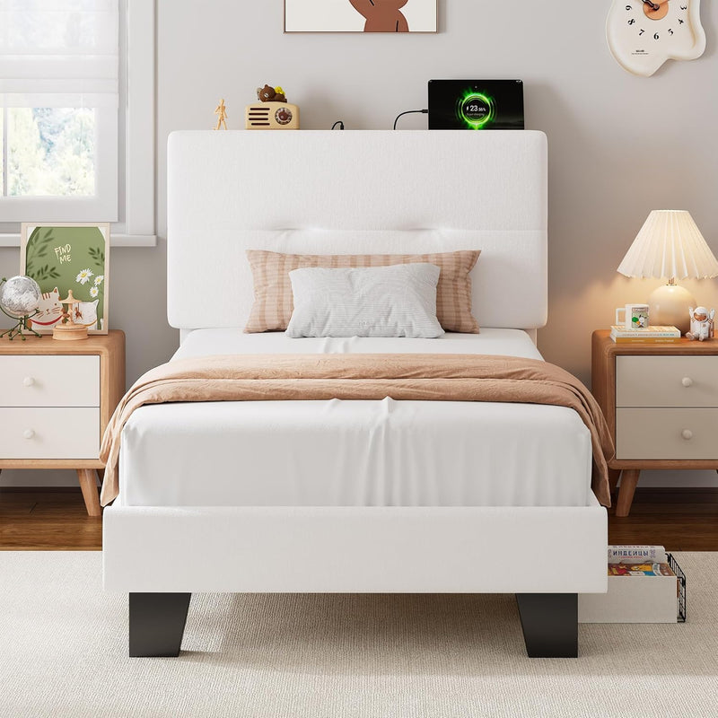 Bed Frame with Charging Station Velvet Upholstered Platform