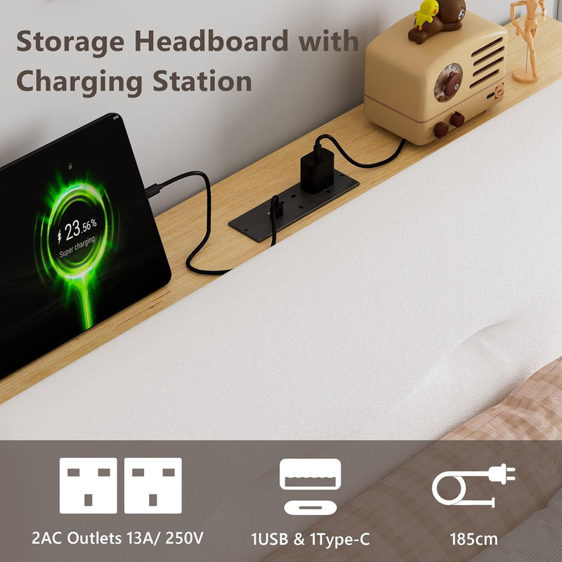 Bed Frame with Charging Station Velvet Upholstered Platform