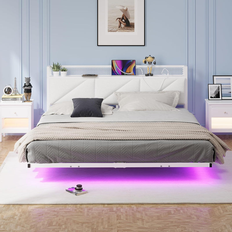 Bed Frame with Floating Upholstered Storage Headboard