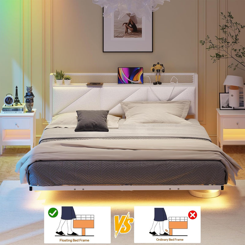 Bed Frame with Floating Upholstered Storage Headboard