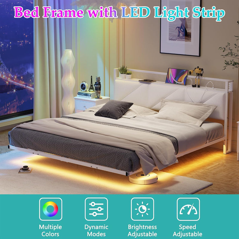 Bed Frame with Floating Upholstered Storage Headboard