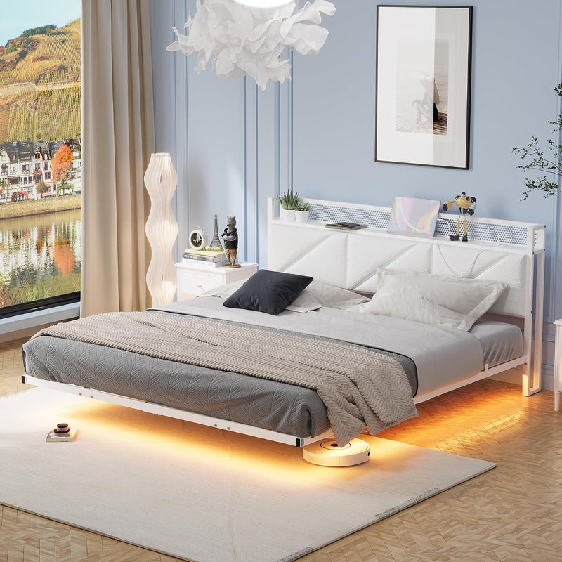 Bed Frame with Floating Upholstered Storage Headboard