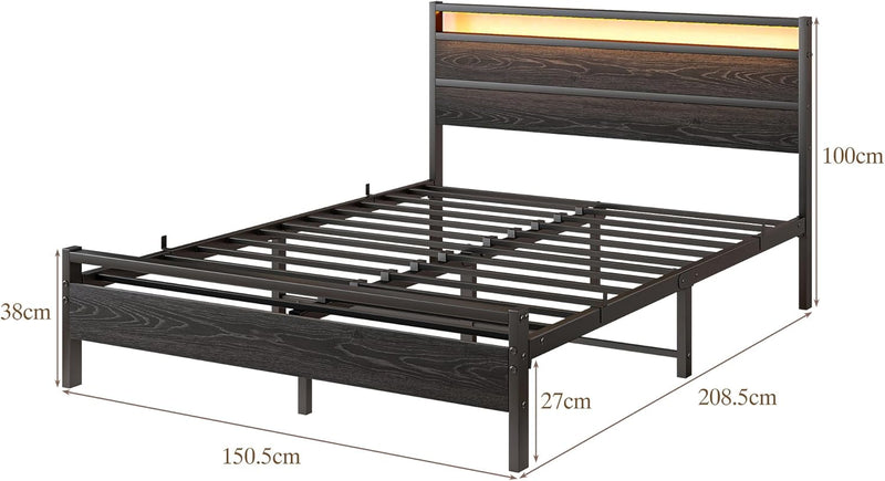 Bed Frame with Headboard LED Lights Metal Base