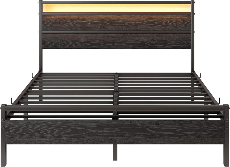 Bed Frame with Headboard LED Lights Metal Base