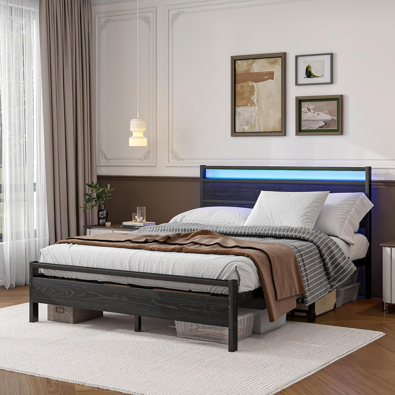 Bed Frame with Headboard LED Lights Metal Base