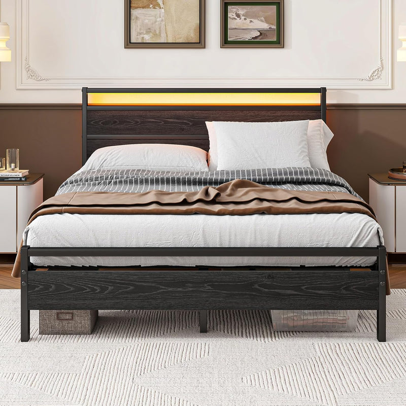 Bed Frame with Headboard LED Lights Metal Base