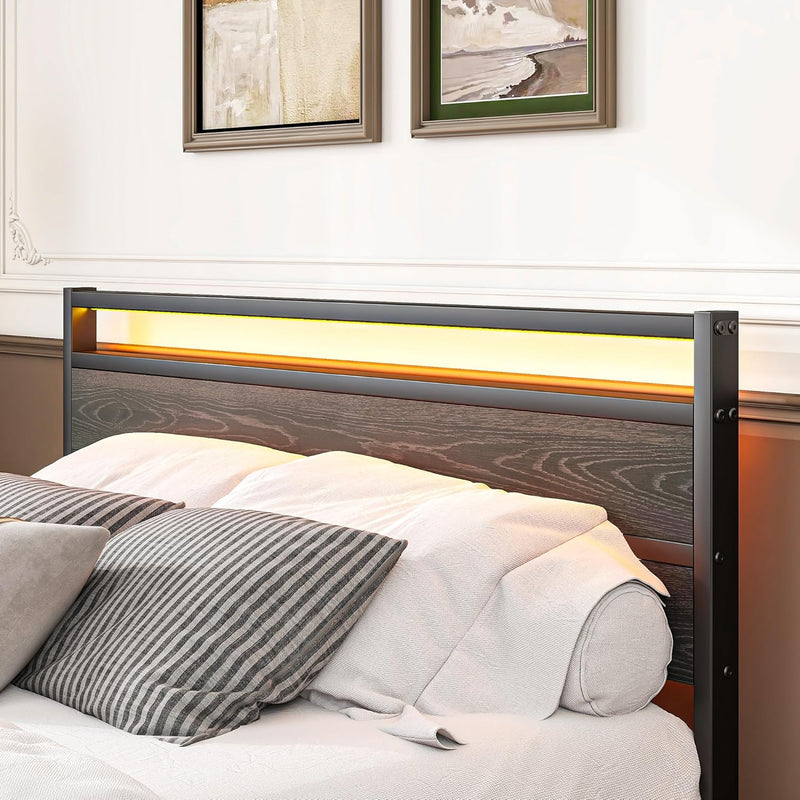 Bed Frame with Headboard LED Lights Metal Base