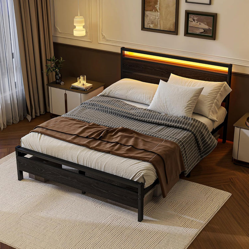 Bed Frame with Headboard LED Lights Metal Base