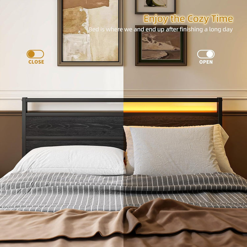 Bed Frame with Headboard LED Lights Metal Base