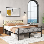 Bed Frame with Headboard Lights Metal Mattress Base