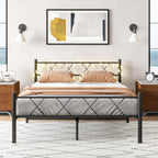 Bed Frame with Headboard Lights Metal Mattress Base