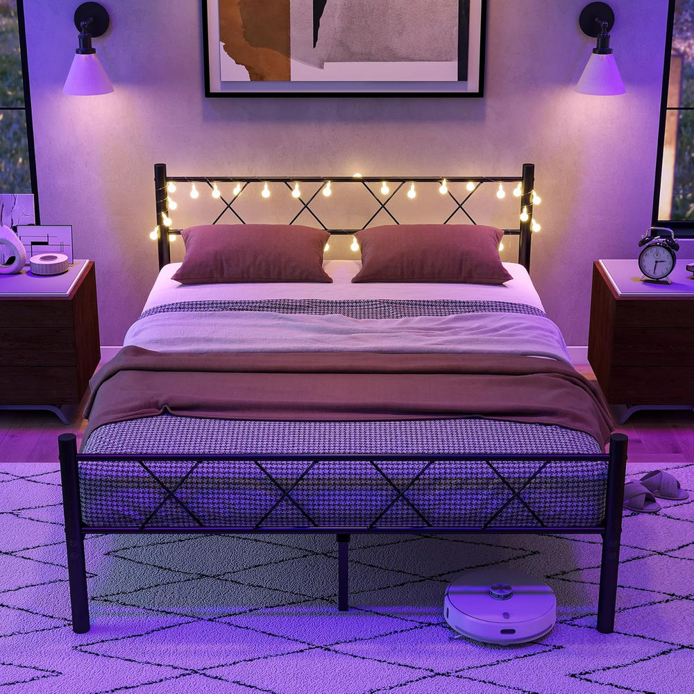 Bed Frame with Headboard Lights Metal Mattress Base