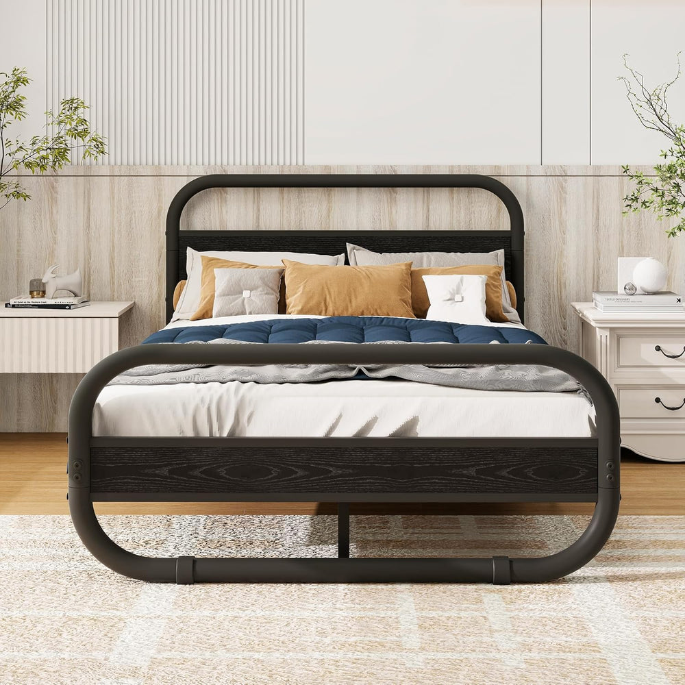 Bed Frame with Headboard Metal Platform Wood Headboard