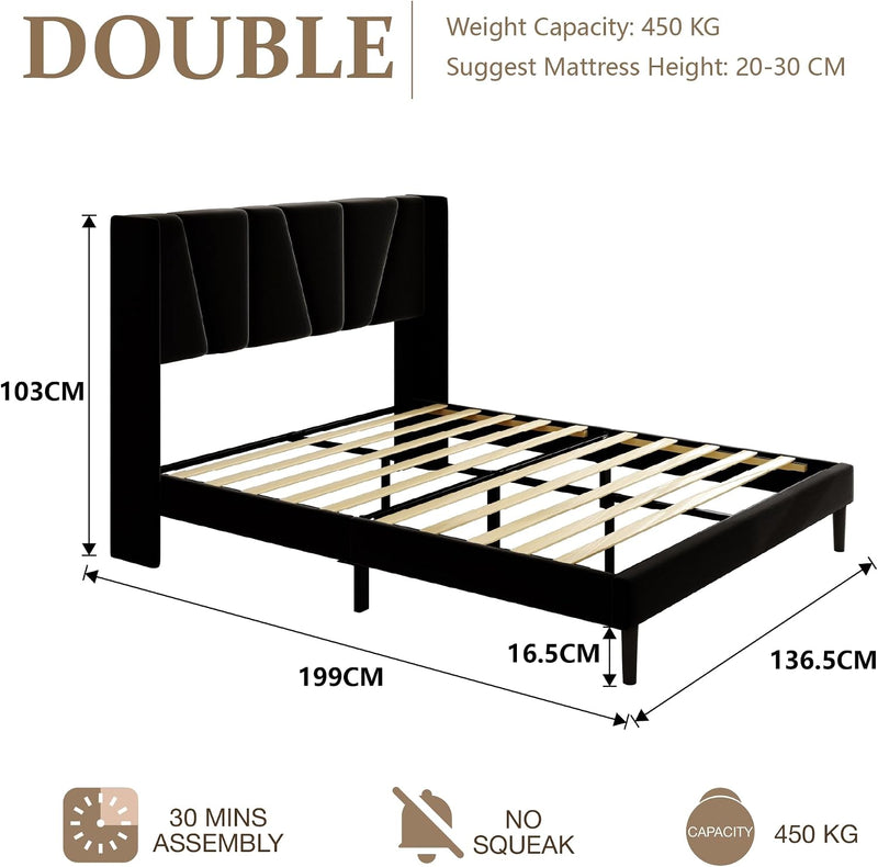 Bed Frame with Headboard Velvet Geometric Tufted Upholstered