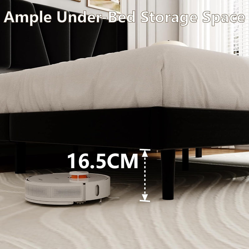 Bed Frame with Headboard Velvet Geometric Tufted Upholstered
