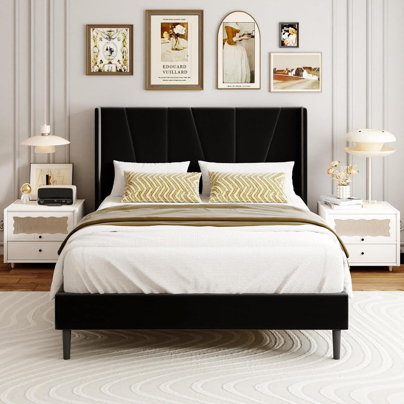 Bed Frame with Headboard Velvet Geometric Tufted Upholstered