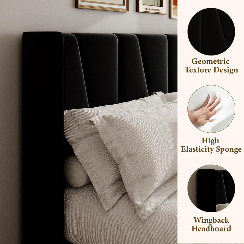 Bed Frame with Headboard Velvet Geometric Tufted Upholstered