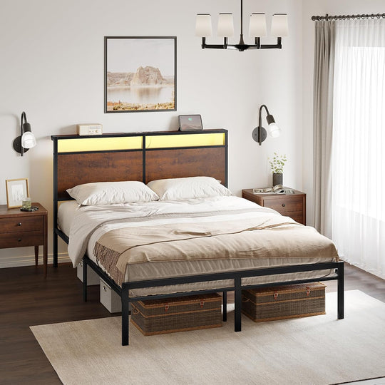 Bed Frame with LED Headboard Charging Station
