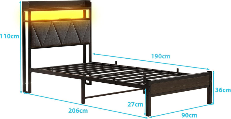 Bed Frame with LED Lights Storage Upholstered Headboard