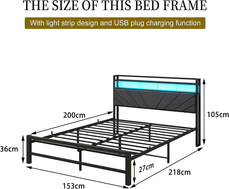 Bed Frame with LED Lights Storage Upholstered Headboard