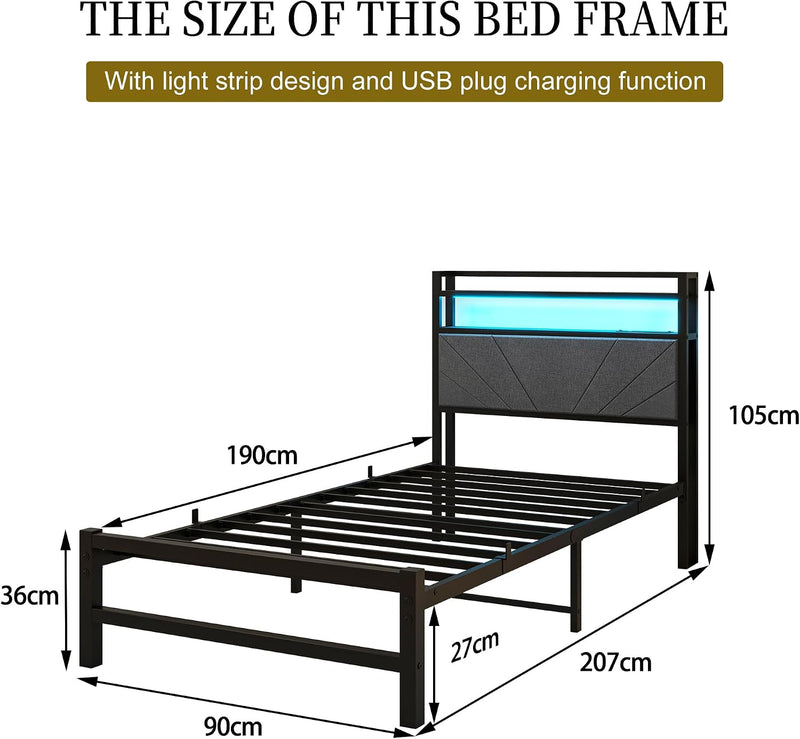 Bed Frame with LED Lights Storage Upholstered Headboard