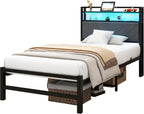 Bed Frame with LED Lights Storage Upholstered Headboard