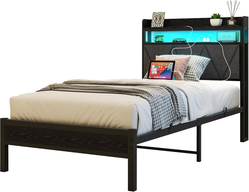Bed Frame with LED Lights Storage Upholstered Headboard