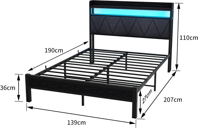 Bed Frame with LED Lights Storage Upholstered Headboard