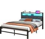 Bed Frame with LED Lights Storage Upholstered Headboard