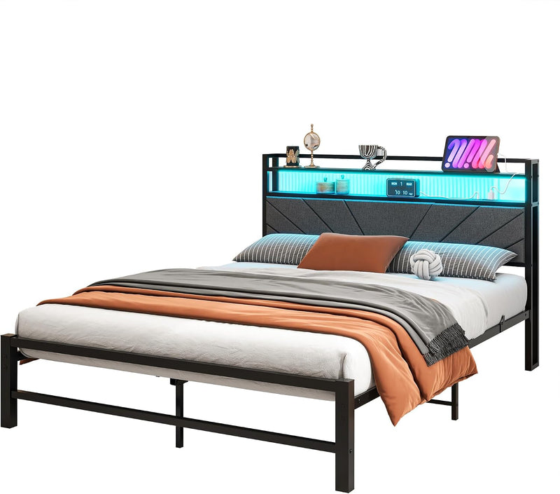Bed Frame with LED Lights Storage Upholstered Headboard