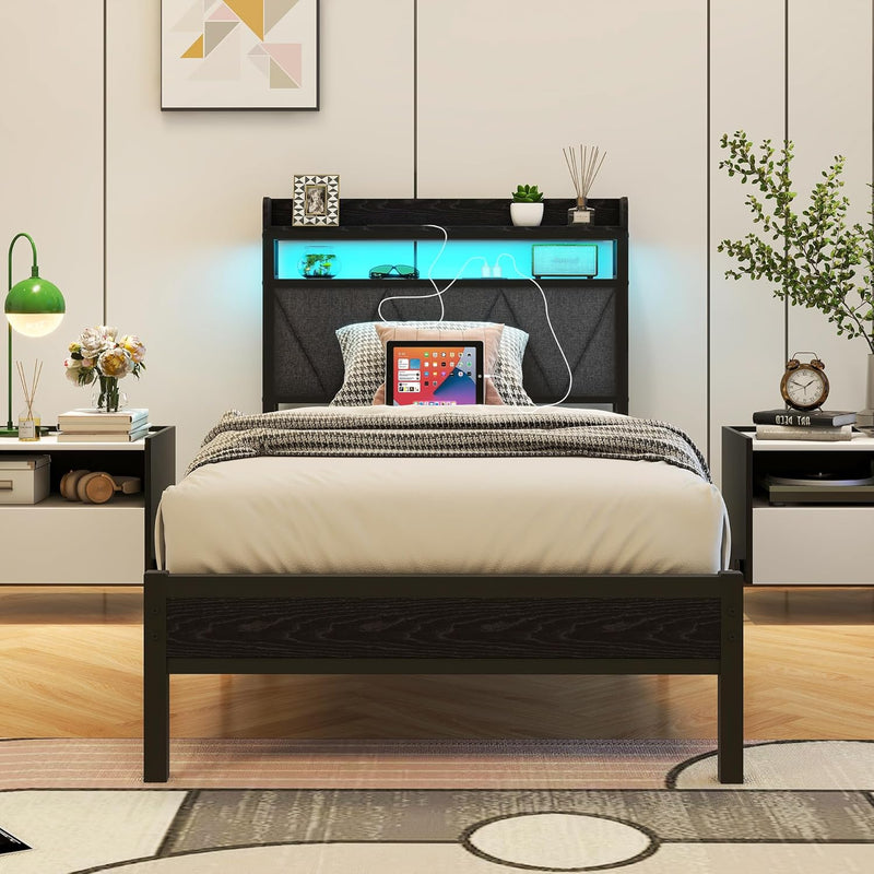 Bed Frame with LED Lights Storage Upholstered Headboard