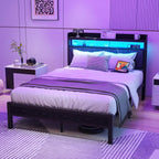 Bed Frame with LED Lights Storage Upholstered Headboard