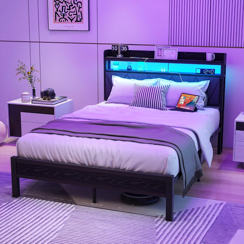 Bed Frame with LED Lights Storage Upholstered Headboard