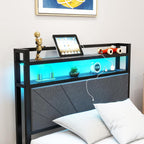 Bed Frame with LED Lights Storage Upholstered Headboard