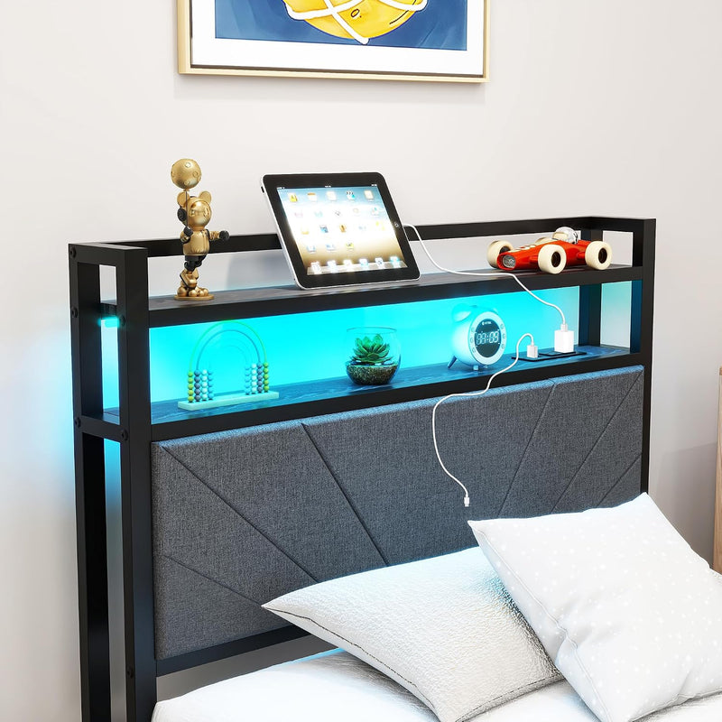 Bed Frame with LED Lights Storage Upholstered Headboard