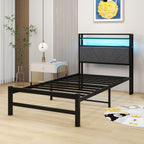 Bed Frame with LED Lights Storage Upholstered Headboard