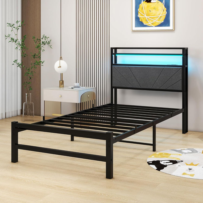 Bed Frame with LED Lights Storage Upholstered Headboard