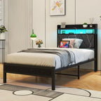 Bed Frame with LED Lights Storage Upholstered Headboard
