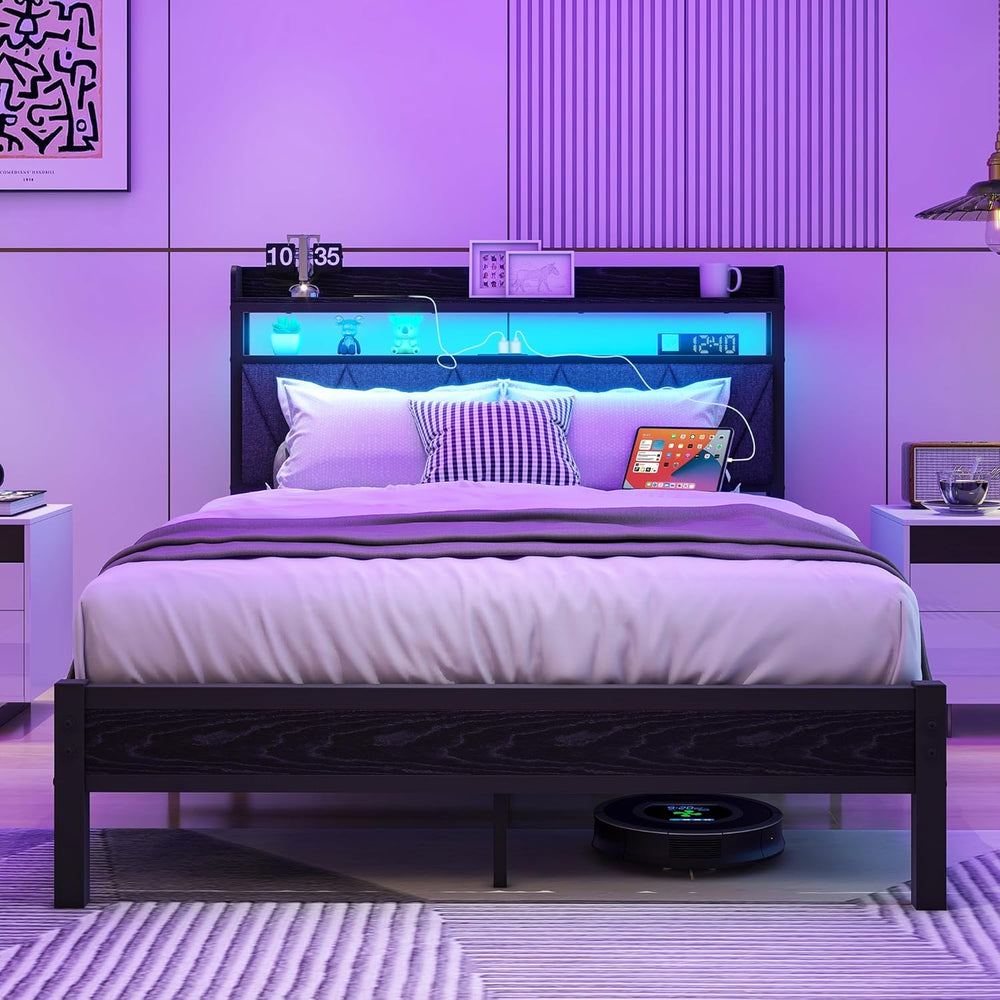 Bed Frame with LED Lights Storage Upholstered Headboard
