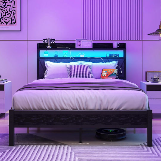 Bed Frame with LED Lights Storage Upholstered Headboard