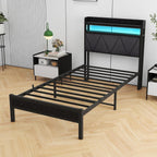 Bed Frame with LED Lights Storage Upholstered Headboard