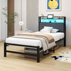 Bed Frame with LED Lights Storage Upholstered Headboard