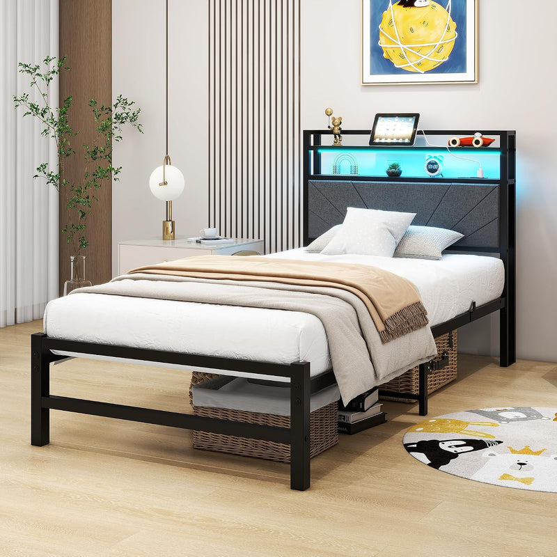 Bed Frame with LED Lights Storage Upholstered Headboard