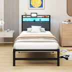 Bed Frame with LED Lights Storage Upholstered Headboard