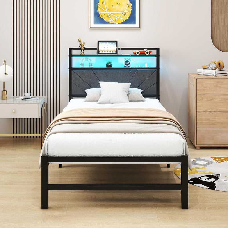 Bed Frame with LED Lights Storage Upholstered Headboard