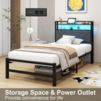 Bed Frame with LED Lights Storage Upholstered Headboard