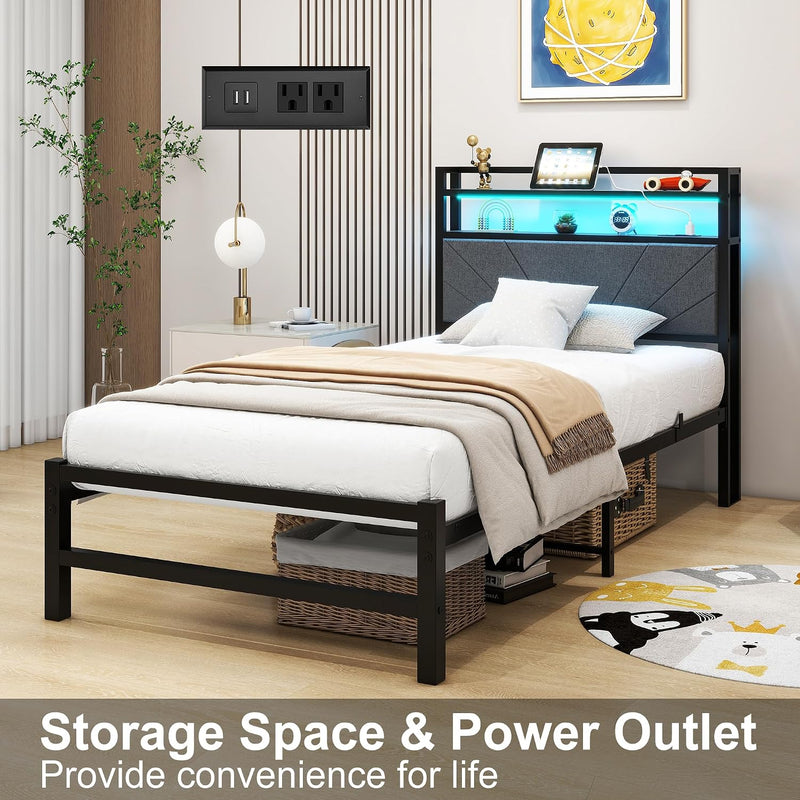 Bed Frame with LED Lights Storage Upholstered Headboard