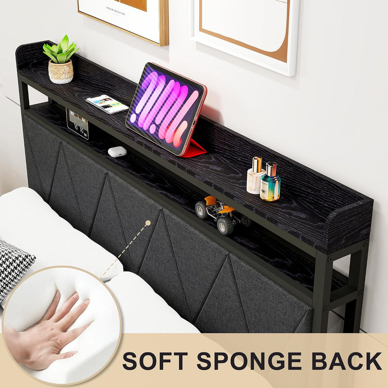 Bed Frame with LED Lights Storage Upholstered Headboard