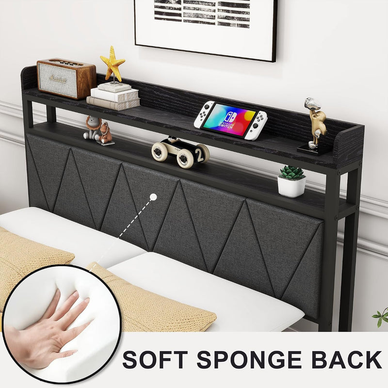 Bed Frame with LED Lights Storage Upholstered Headboard
