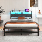 Bed Frame with LED Lights Storage Upholstered Headboard